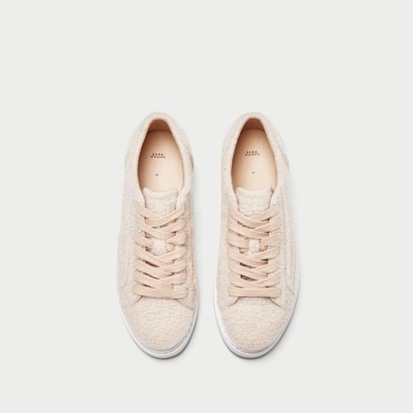 NWT ZARA SHERPA FAUX FUR SHEARLING TEDDY SNEAKERS CREAM PINK PLATFORM 9 LACE UP - Picture 2 of 8